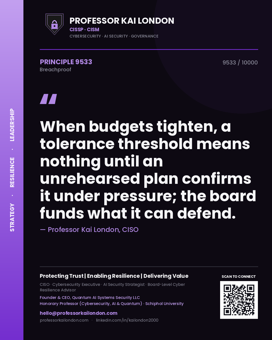 Quote card by Professor Kai London reading 'When budgets tighten, a tolerance threshold means nothing until an unrehearsed plan confirms it under pressure; the board funds what it can defend.'. From the book Breachproof.