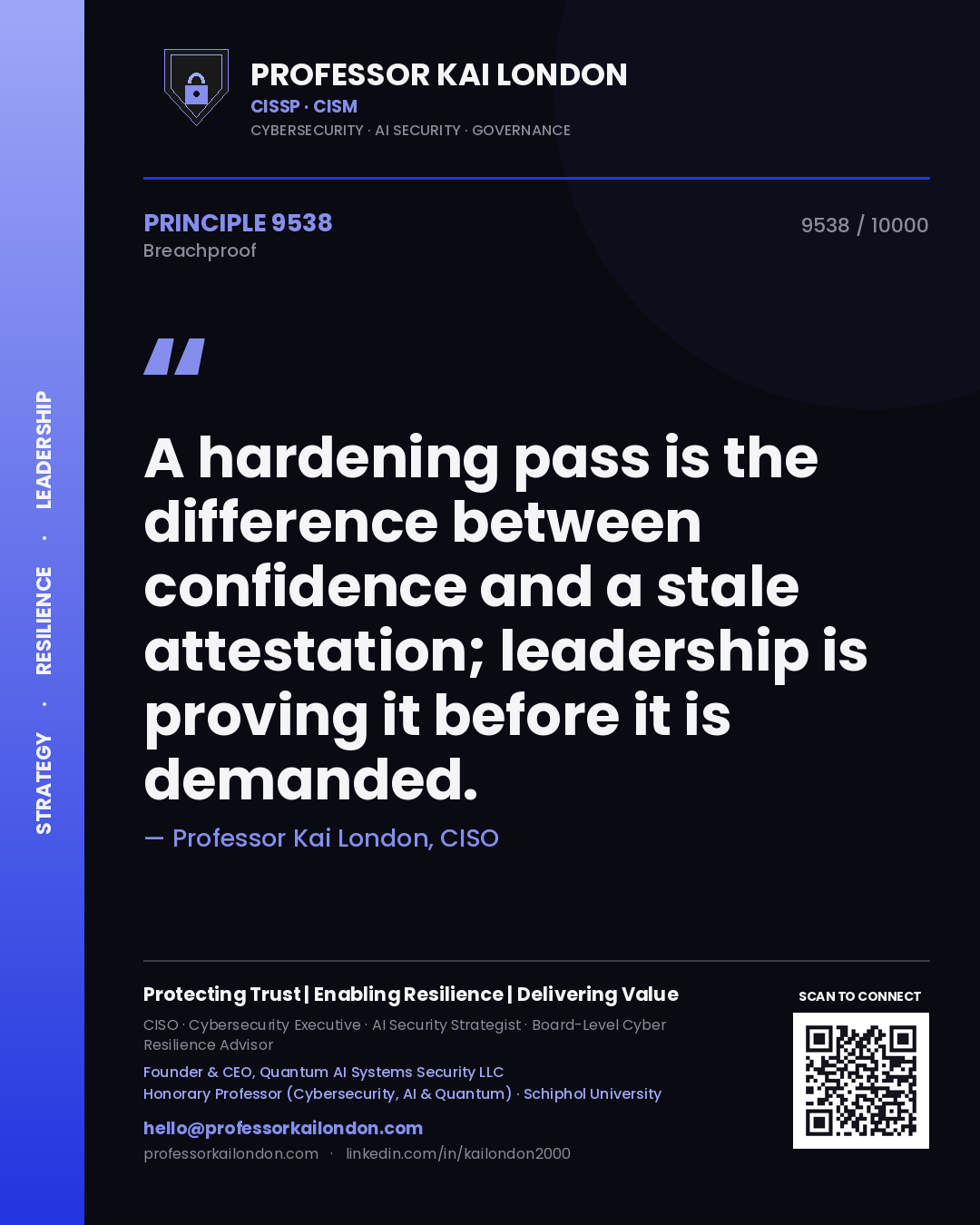 Quote card by Professor Kai London reading 'A hardening pass is the difference between confidence and a stale attestation; leadership is proving it before it is demanded.'. From the book Breachproof.