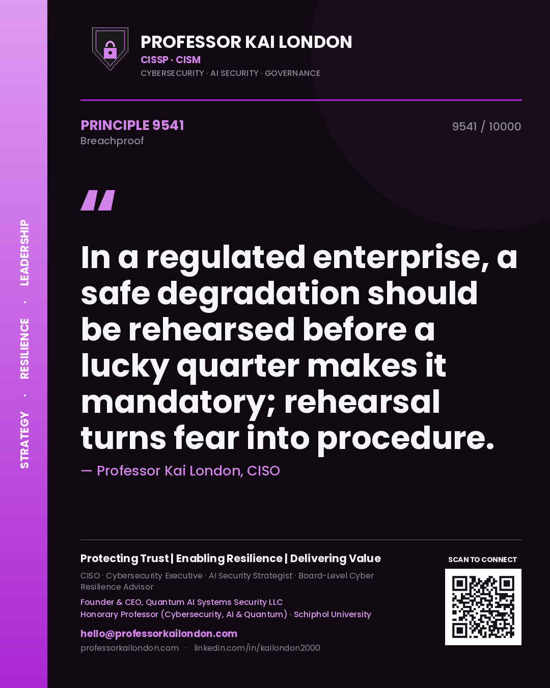 Quote card by Professor Kai London reading 'In a regulated enterprise, a safe degradation should be rehearsed before a lucky quarter makes it mandatory; rehearsal turns fear into procedure.'. From the book Breachproof.