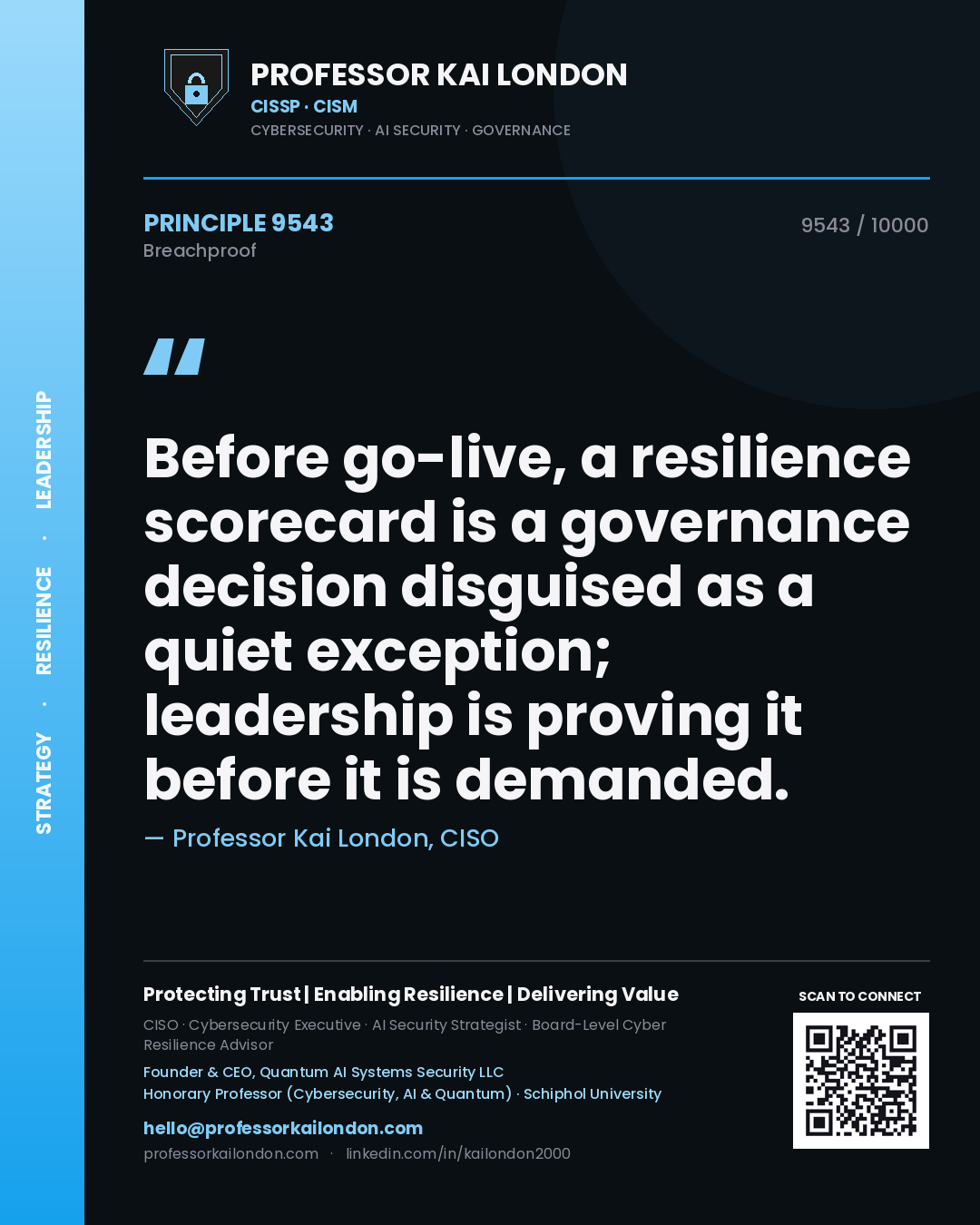 Quote card by Professor Kai London reading 'Before go-live, a resilience scorecard is a governance decision disguised as a quiet exception; leadership is proving it before it is demanded.'. From the book Breachproof.
