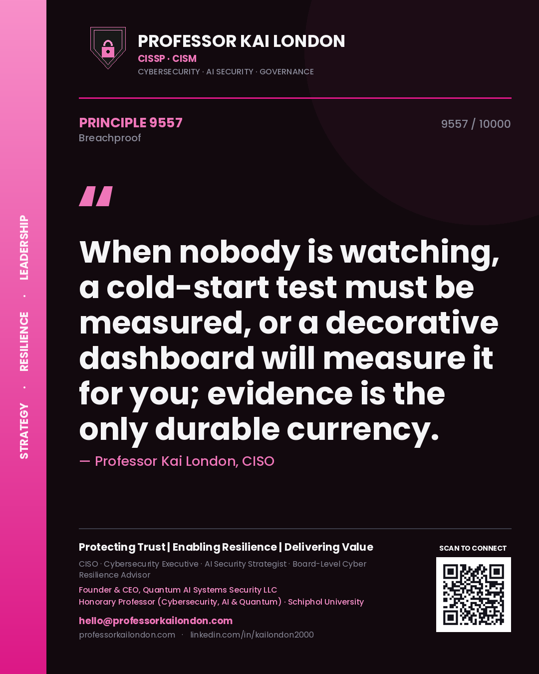 Quote card by Professor Kai London reading 'When nobody is watching, a cold-start test must be measured, or a decorative dashboard will measure it for you; evidence is the only durable currency.'. From the book Breachproof.