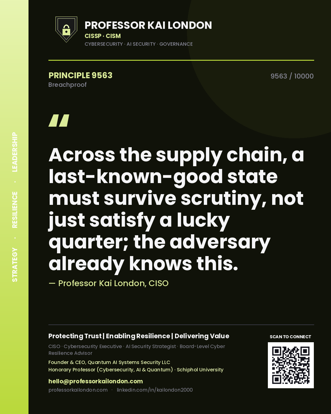 Quote card by Professor Kai London reading 'Across the supply chain, a last-known-good state must survive scrutiny, not just satisfy a lucky quarter; the adversary already knows this.'. From the book Breachproof.