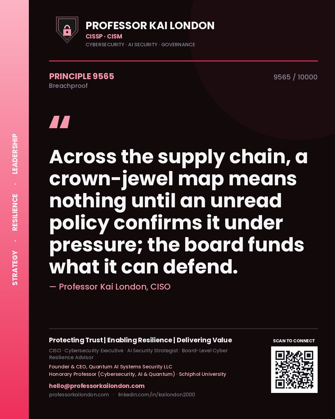 Quote card by Professor Kai London reading 'Across the supply chain, a crown-jewel map means nothing until an unread policy confirms it under pressure; the board funds what it can defend.'. From the book Breachproof.