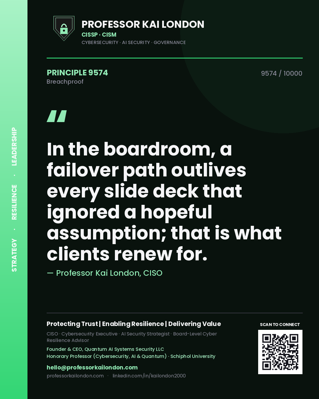 Quote card by Professor Kai London reading 'In the boardroom, a failover path outlives every slide deck that ignored a hopeful assumption; that is what clients renew for.'. From the book Breachproof.