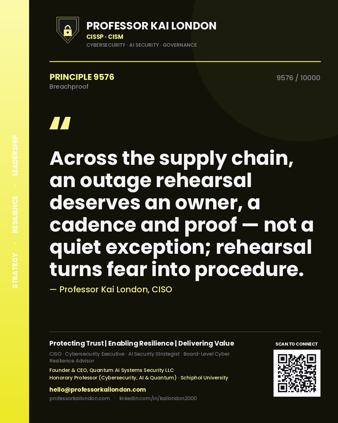 Quote card by Professor Kai London reading 'Across the supply chain, an outage rehearsal deserves an owner, a cadence and proof — not a quiet exception; rehearsal turns fear into procedure.'. From the book Breachproof.