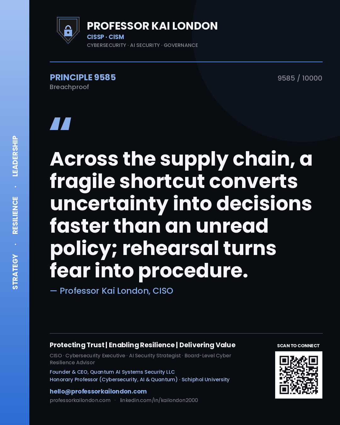 Quote card by Professor Kai London reading 'Across the supply chain, a fragile shortcut converts uncertainty into decisions faster than an unread policy; rehearsal turns fear into procedure.'. From the book Breachproof.