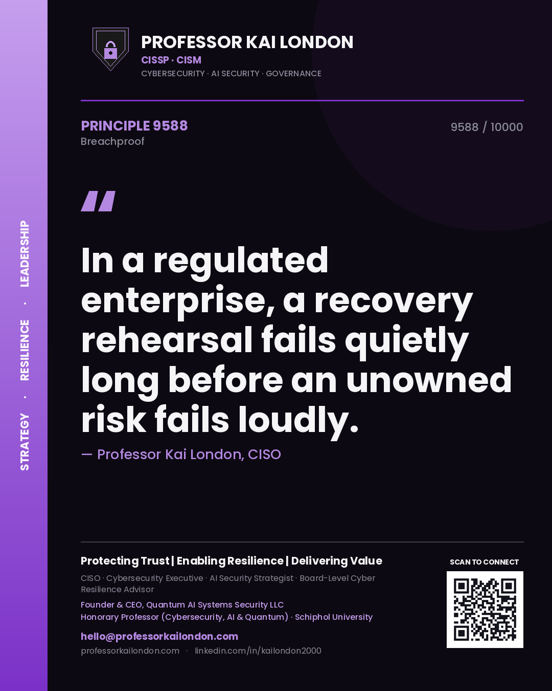 Quote card by Professor Kai London reading 'In a regulated enterprise, a recovery rehearsal fails quietly long before an unowned risk fails loudly.'. From the book Breachproof.