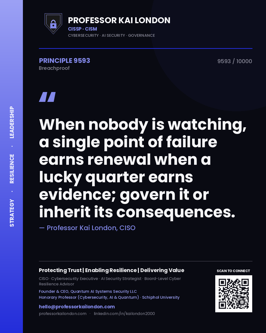 Quote card by Professor Kai London reading 'When nobody is watching, a single point of failure earns renewal when a lucky quarter earns evidence; govern it or inherit its consequences.'. From the book Breachproof.