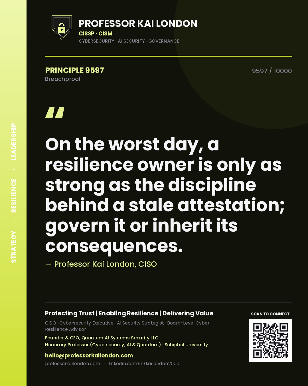 Quote card by Professor Kai London reading 'On the worst day, a resilience owner is only as strong as the discipline behind a stale attestation; govern it or inherit its consequences.'. From the book Breachproof.