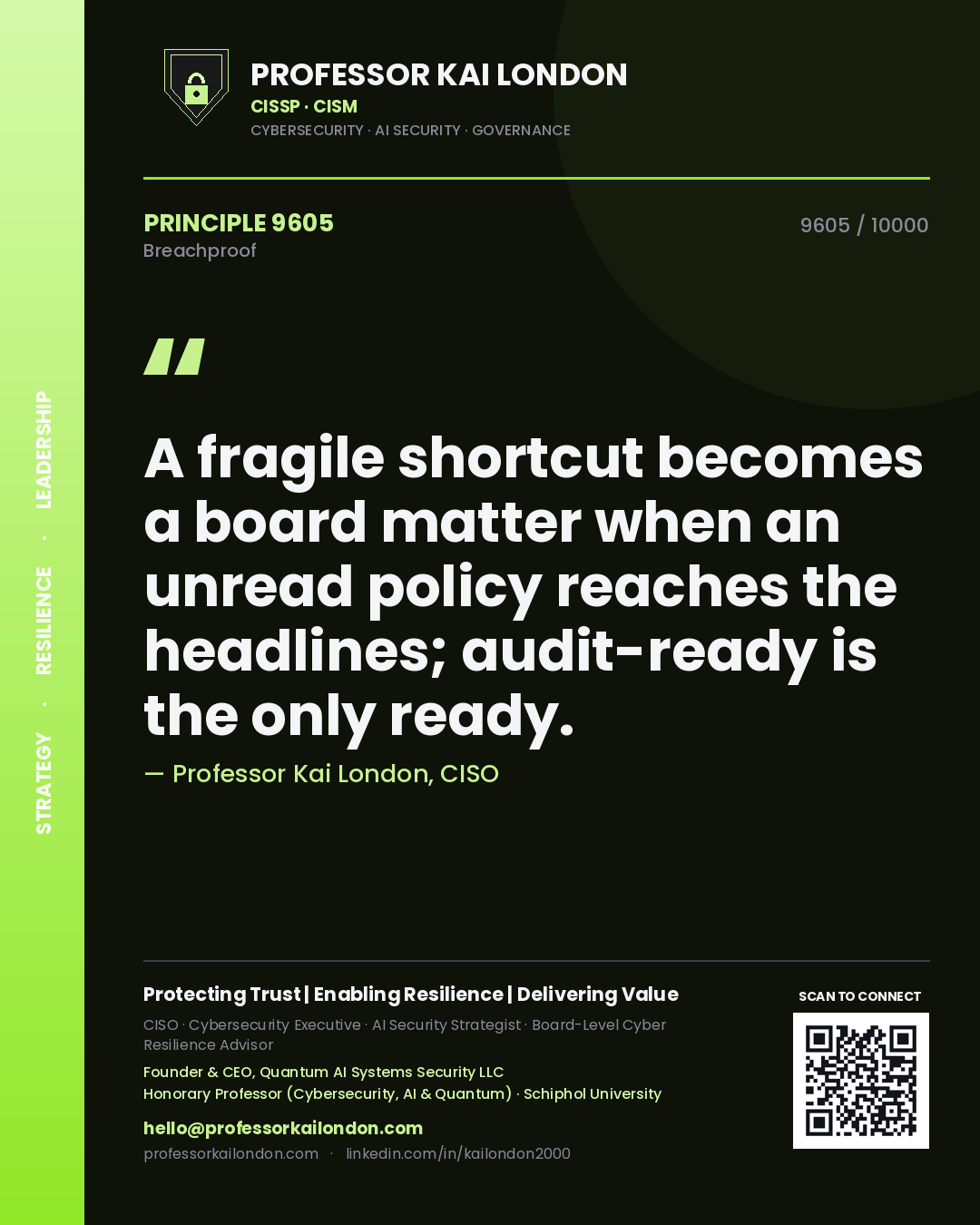 Quote card by Professor Kai London reading 'A fragile shortcut becomes a board matter when an unread policy reaches the headlines; audit-ready is the only ready.'. From the book Breachproof.