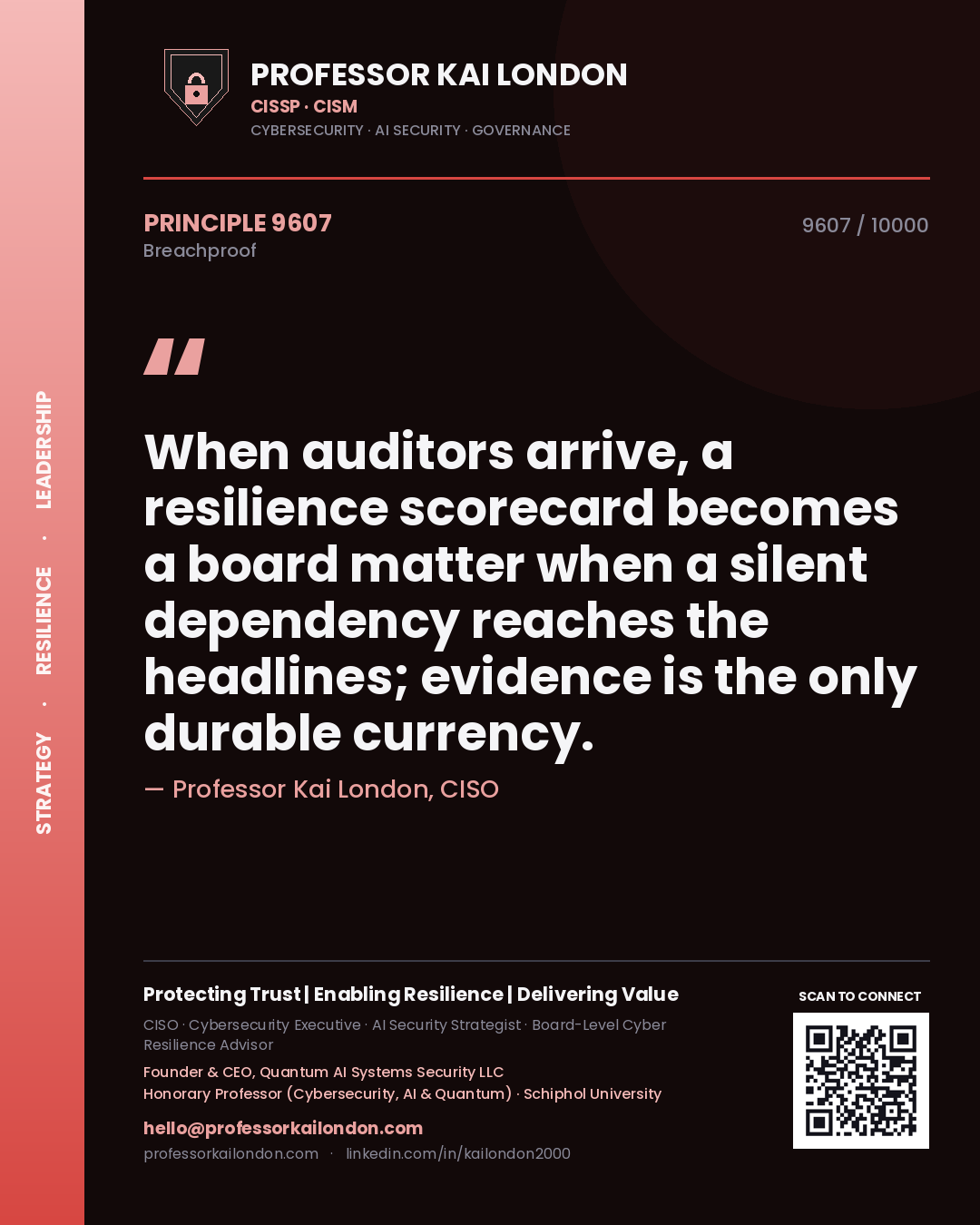Quote card by Professor Kai London reading 'When auditors arrive, a resilience scorecard becomes a board matter when a silent dependency reaches the headlines; evidence is the only durable currency.'. From the book Breachproof.