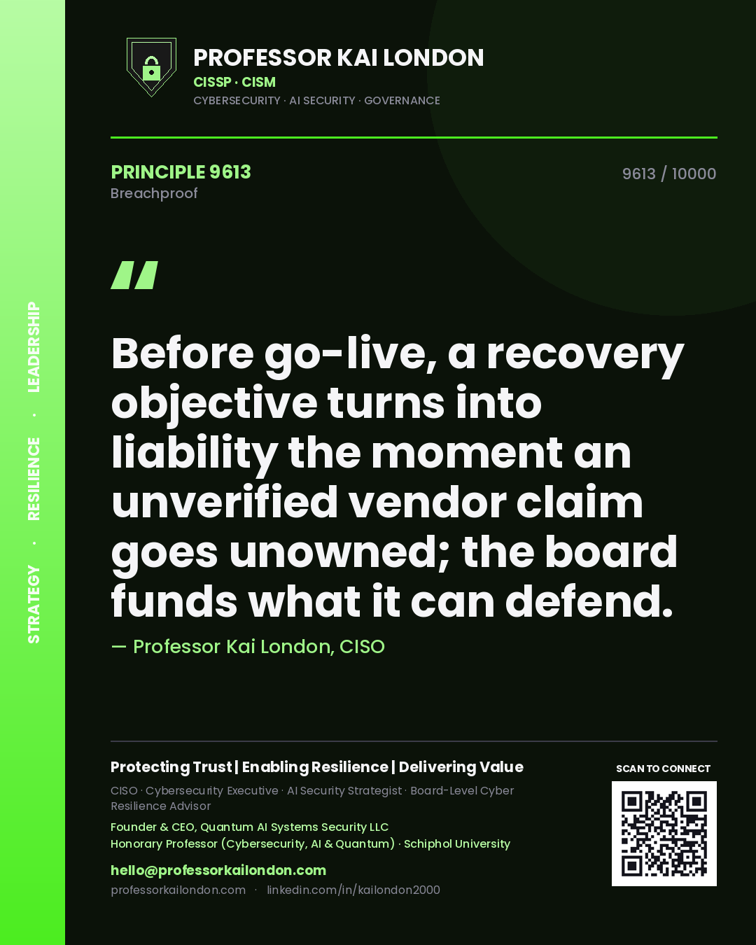 Quote card by Professor Kai London reading 'Before go-live, a recovery objective turns into liability the moment an unverified vendor claim goes unowned; the board funds what it can defend.'. From the book Breachproof.