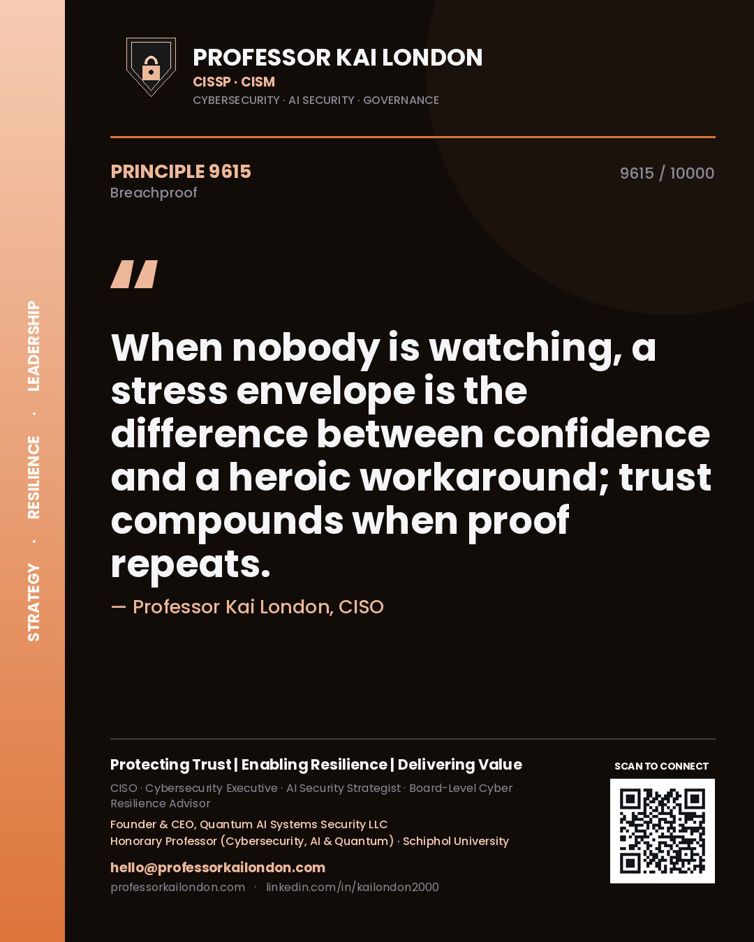 Quote card by Professor Kai London reading 'When nobody is watching, a stress envelope is the difference between confidence and a heroic workaround; trust compounds when proof repeats.'. From the book Breachproof.