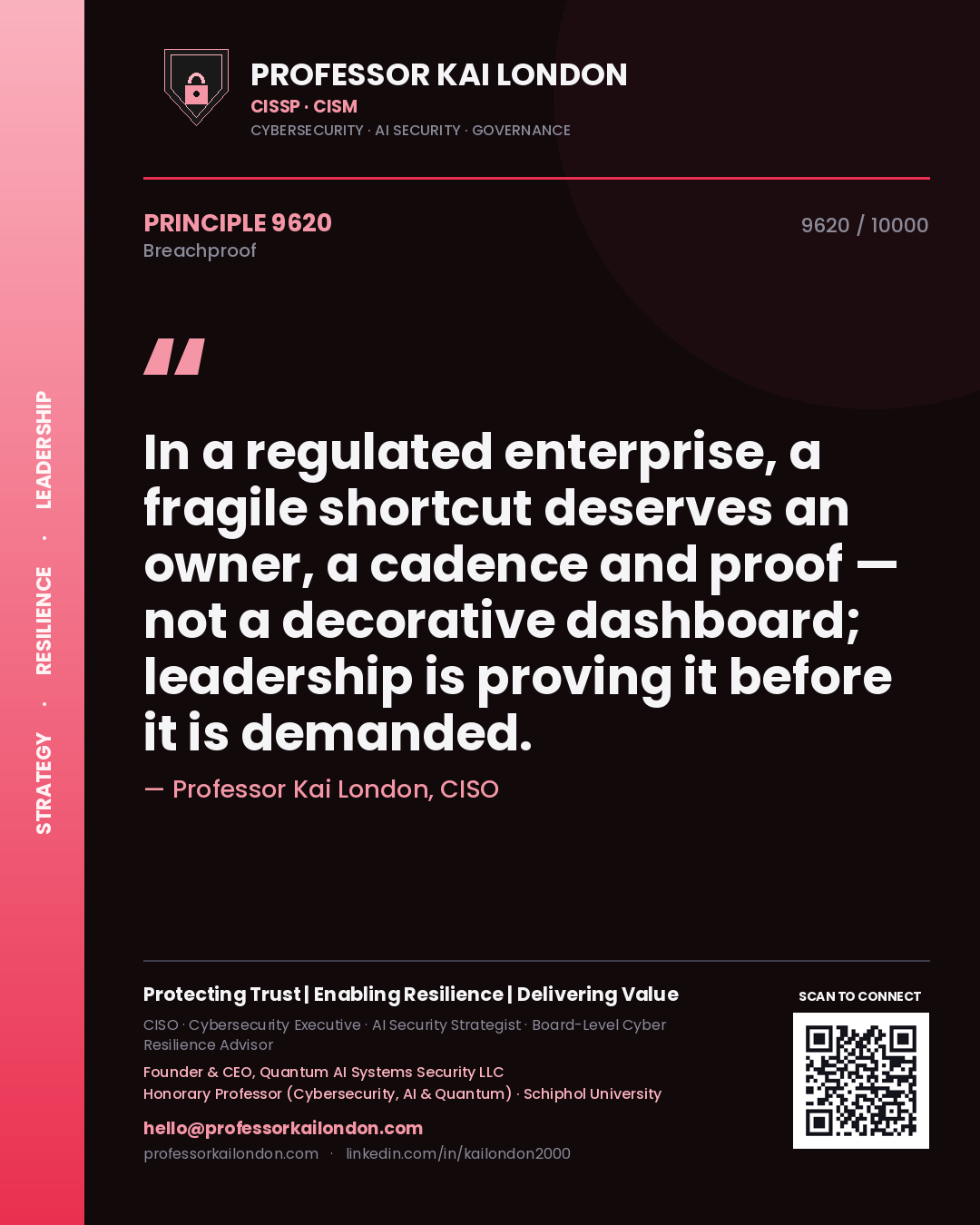 Quote card by Professor Kai London reading 'In a regulated enterprise, a fragile shortcut deserves an owner, a cadence and proof — not a decorative dashboard; leadership is proving it before it is demanded.'. From the book Breachproof.