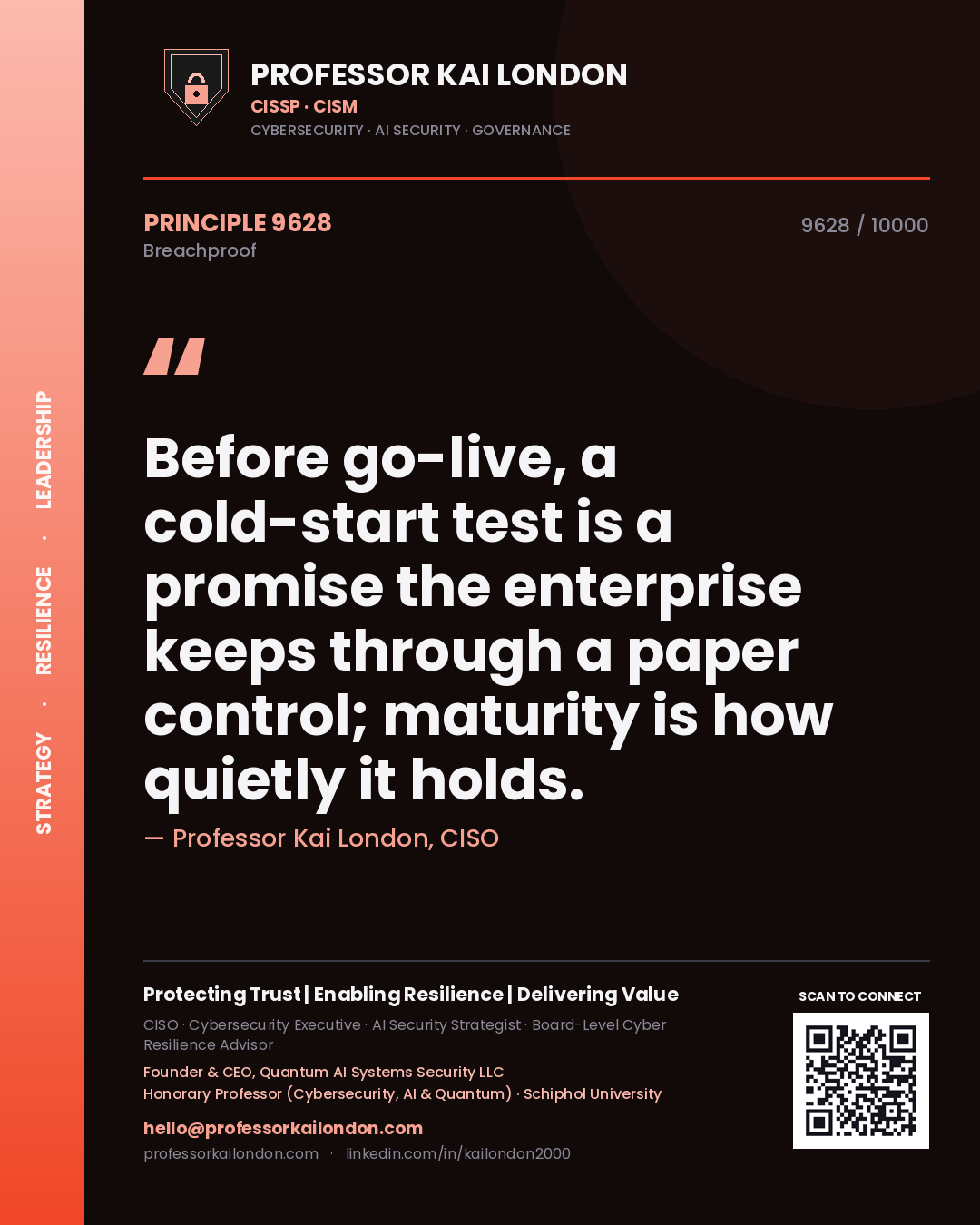 Quote card by Professor Kai London reading 'Before go-live, a cold-start test is a promise the enterprise keeps through a paper control; maturity is how quietly it holds.'. From the book Breachproof.