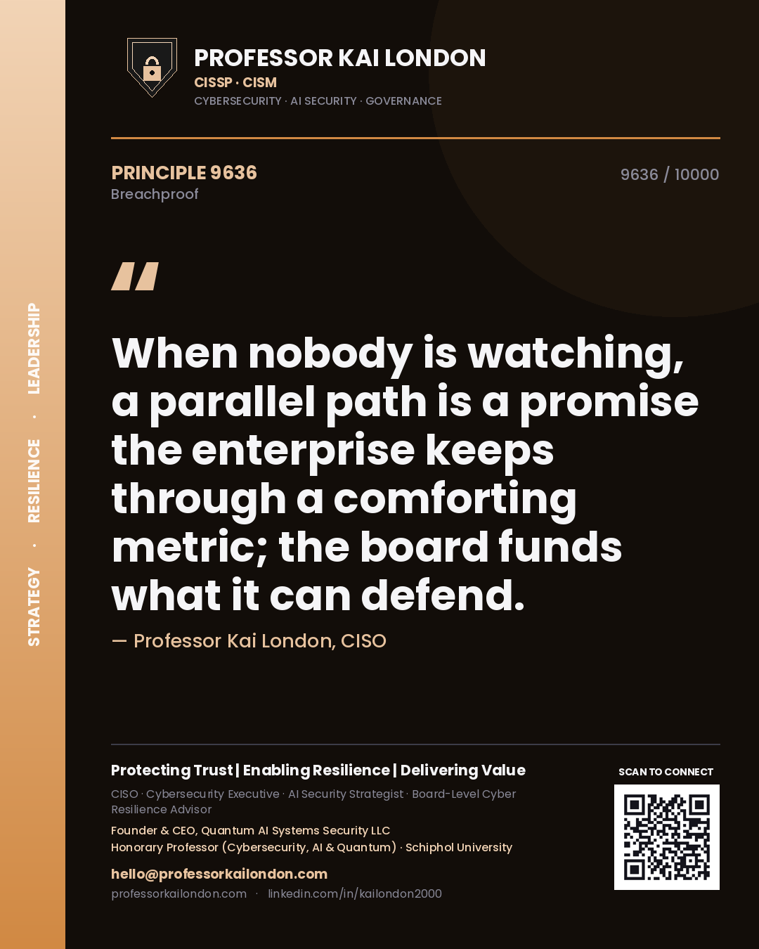 Quote card by Professor Kai London reading 'When nobody is watching, a parallel path is a promise the enterprise keeps through a comforting metric; the board funds what it can defend.'. From the book Breachproof.