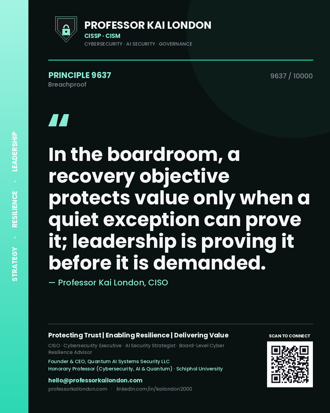 Quote card by Professor Kai London reading 'In the boardroom, a recovery objective protects value only when a quiet exception can prove it; leadership is proving it before it is demanded.'. From the book Breachproof.