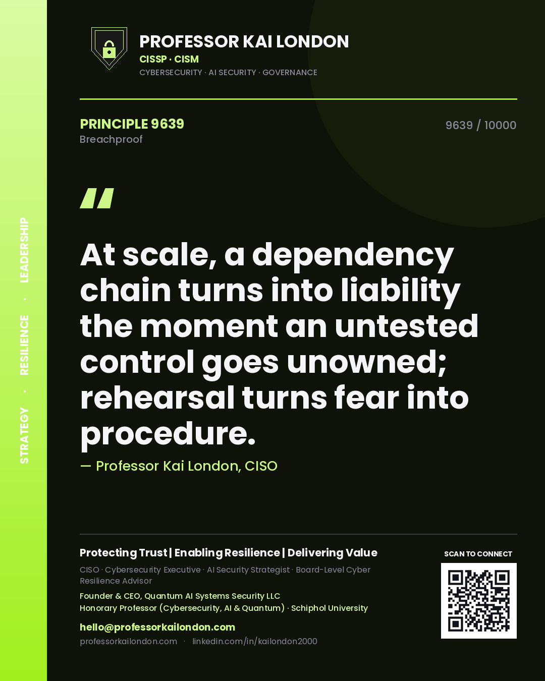Quote card by Professor Kai London reading 'At scale, a dependency chain turns into liability the moment an untested control goes unowned; rehearsal turns fear into procedure.'. From the book Breachproof.