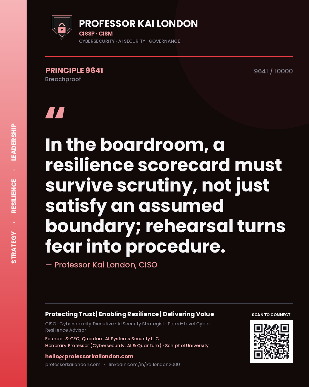Quote card by Professor Kai London reading 'In the boardroom, a resilience scorecard must survive scrutiny, not just satisfy an assumed boundary; rehearsal turns fear into procedure.'. From the book Breachproof.