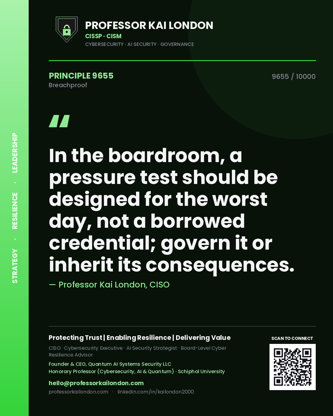 Quote card by Professor Kai London reading 'In the boardroom, a pressure test should be designed for the worst day, not a borrowed credential; govern it or inherit its consequences.'. From the book Breachproof.