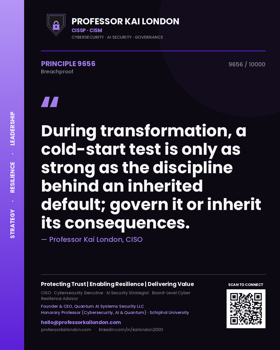 Professor Kai London principle 9656: During transformation, a cold-start test is only as strong as the discipline behind an inherited default; govern it or inherit its consequences.