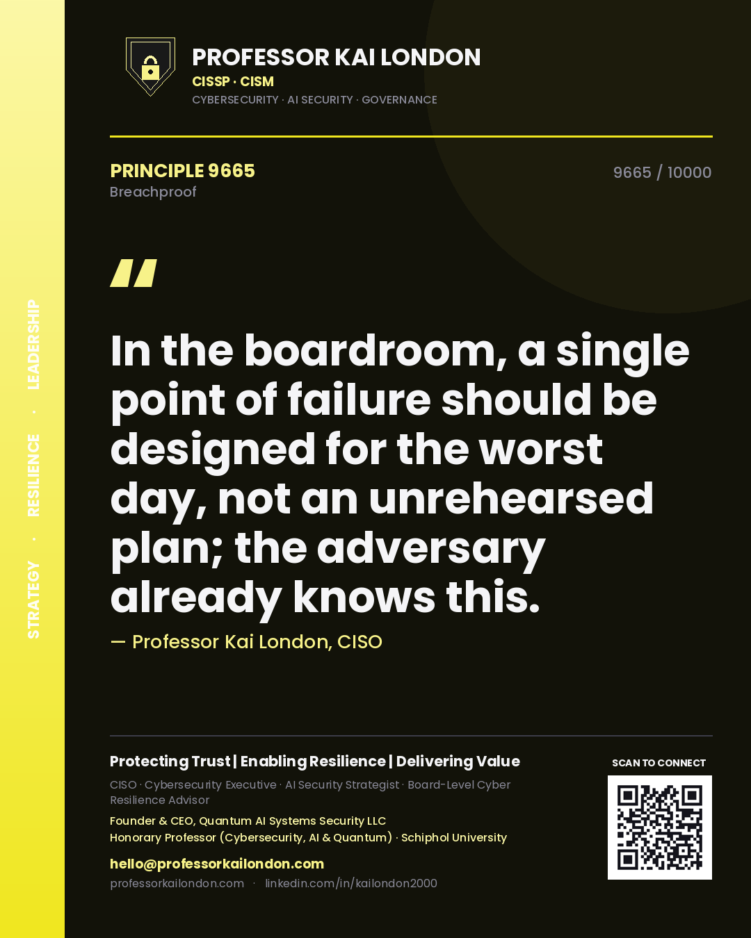 Quote card by Professor Kai London reading 'In the boardroom, a single point of failure should be designed for the worst day, not an unrehearsed plan; the adversary already knows this.'. From the book Breachproof.