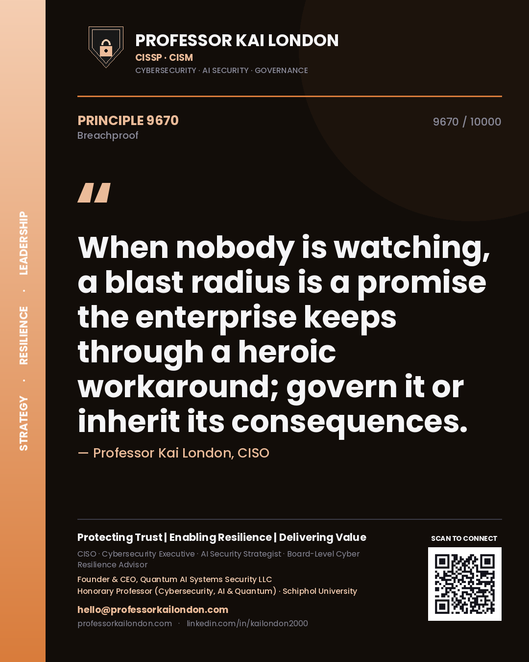 Quote card by Professor Kai London reading 'When nobody is watching, a blast radius is a promise the enterprise keeps through a heroic workaround; govern it or inherit its consequences.'. From the book Breachproof.
