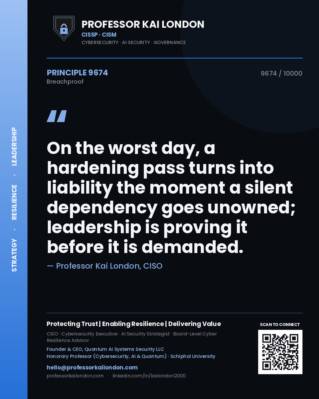 Quote card by Professor Kai London reading 'On the worst day, a hardening pass turns into liability the moment a silent dependency goes unowned; leadership is proving it before it is demanded.'. From the book Breachproof.