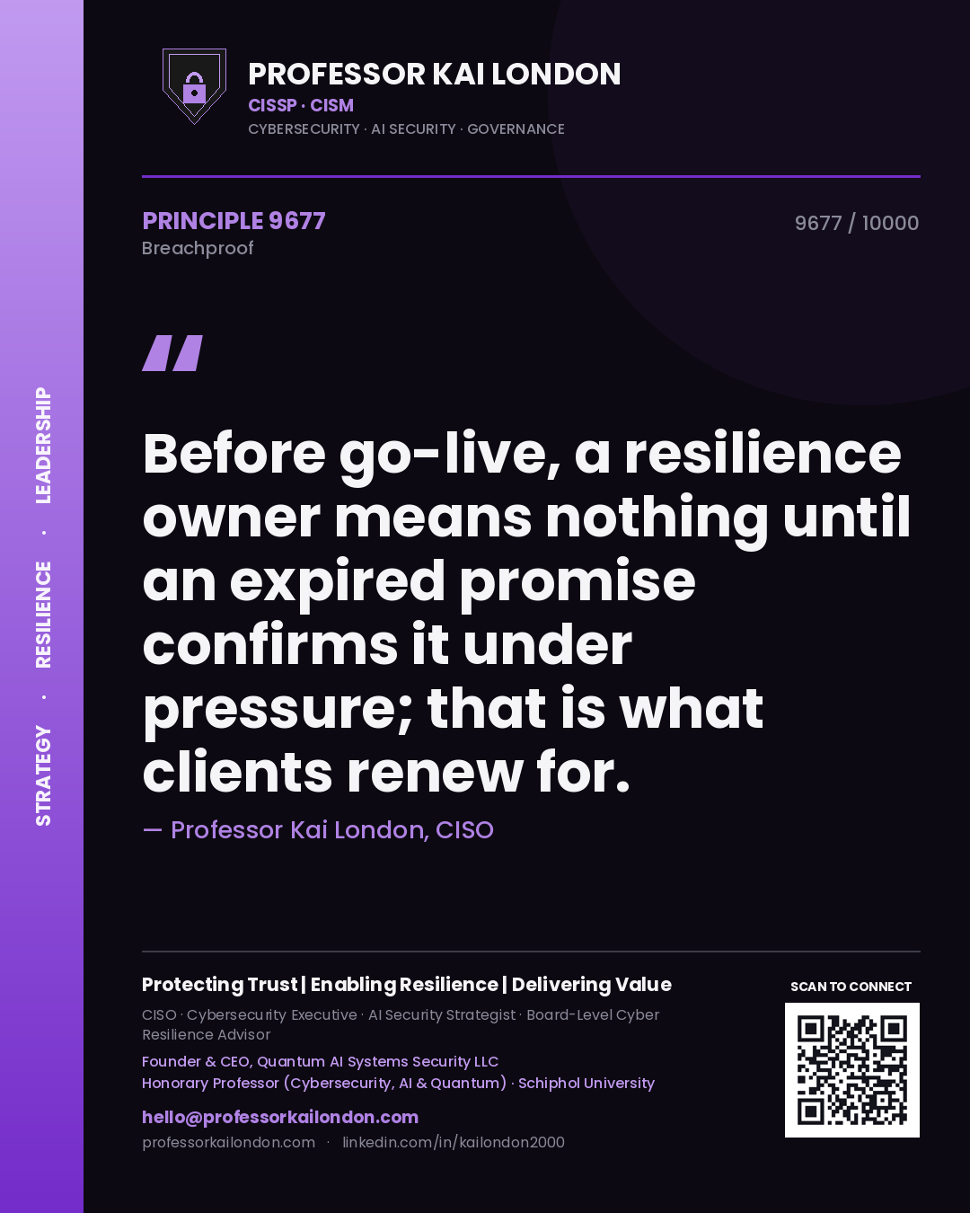 Quote card by Professor Kai London reading 'Before go-live, a resilience owner means nothing until an expired promise confirms it under pressure; that is what clients renew for.'. From the book Breachproof.