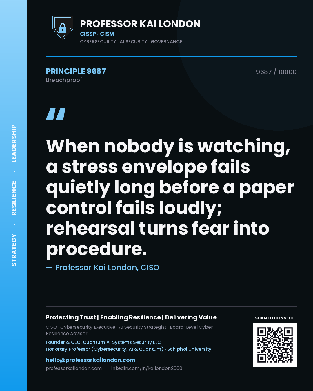 Professor Kai London principle 9687: When nobody is watching, a stress envelope fails quietly long before a paper control fails loudly; rehearsal turns fear into procedure.