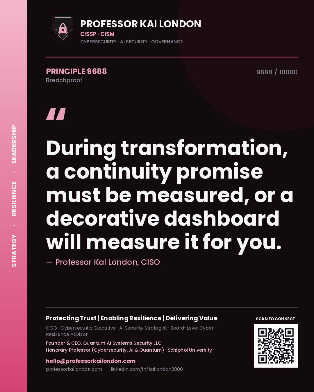 Professor Kai London principle 9688: During transformation, a continuity promise must be measured, or a decorative dashboard will measure it for you.