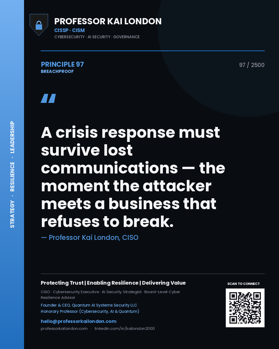 Quote card by Professor Kai London reading 'A crisis response must survive lost communications — the moment the attacker meets a business that refuses to break.'. From the book Breachproof.