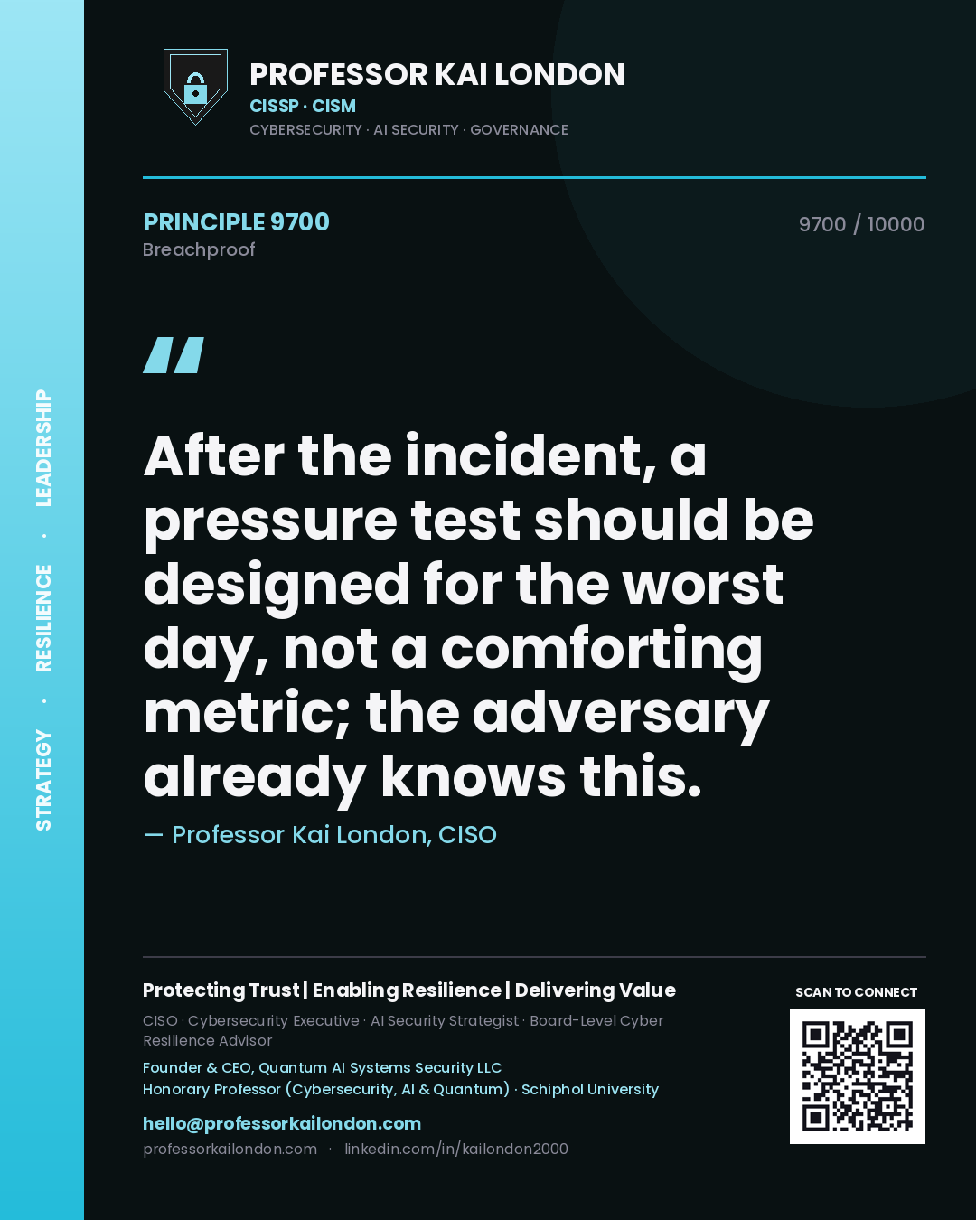 Quote card by Professor Kai London reading 'After the incident, a pressure test should be designed for the worst day, not a comforting metric; the adversary already knows this.'. From the book Breachproof.