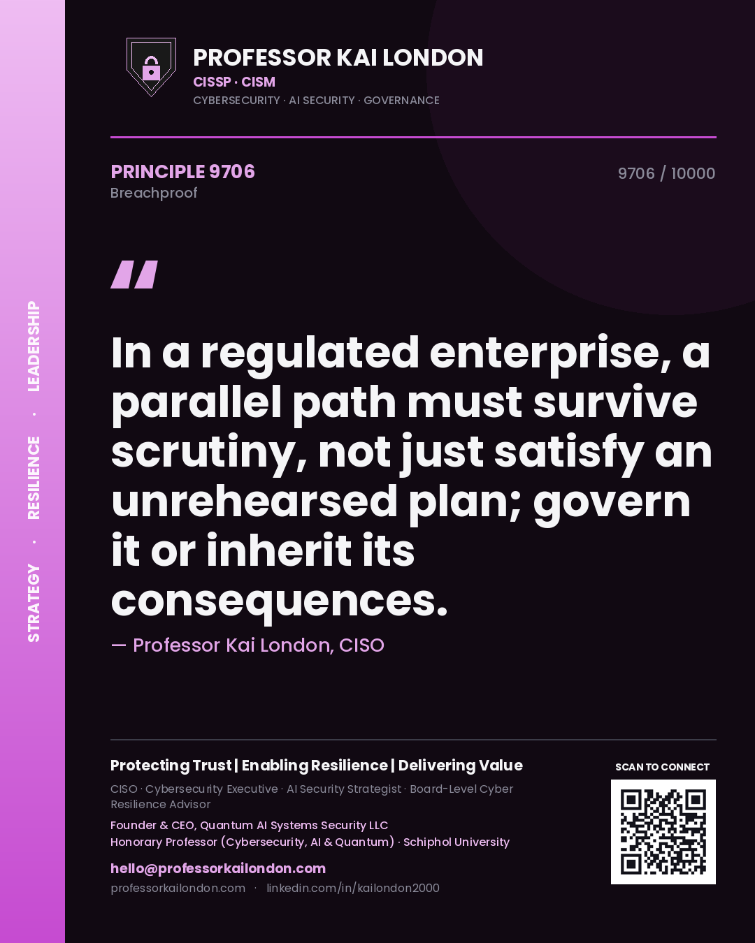 Professor Kai London principle 9706: In a regulated enterprise, a parallel path must survive scrutiny, not just satisfy an unrehearsed plan; govern it or inherit its consequences.