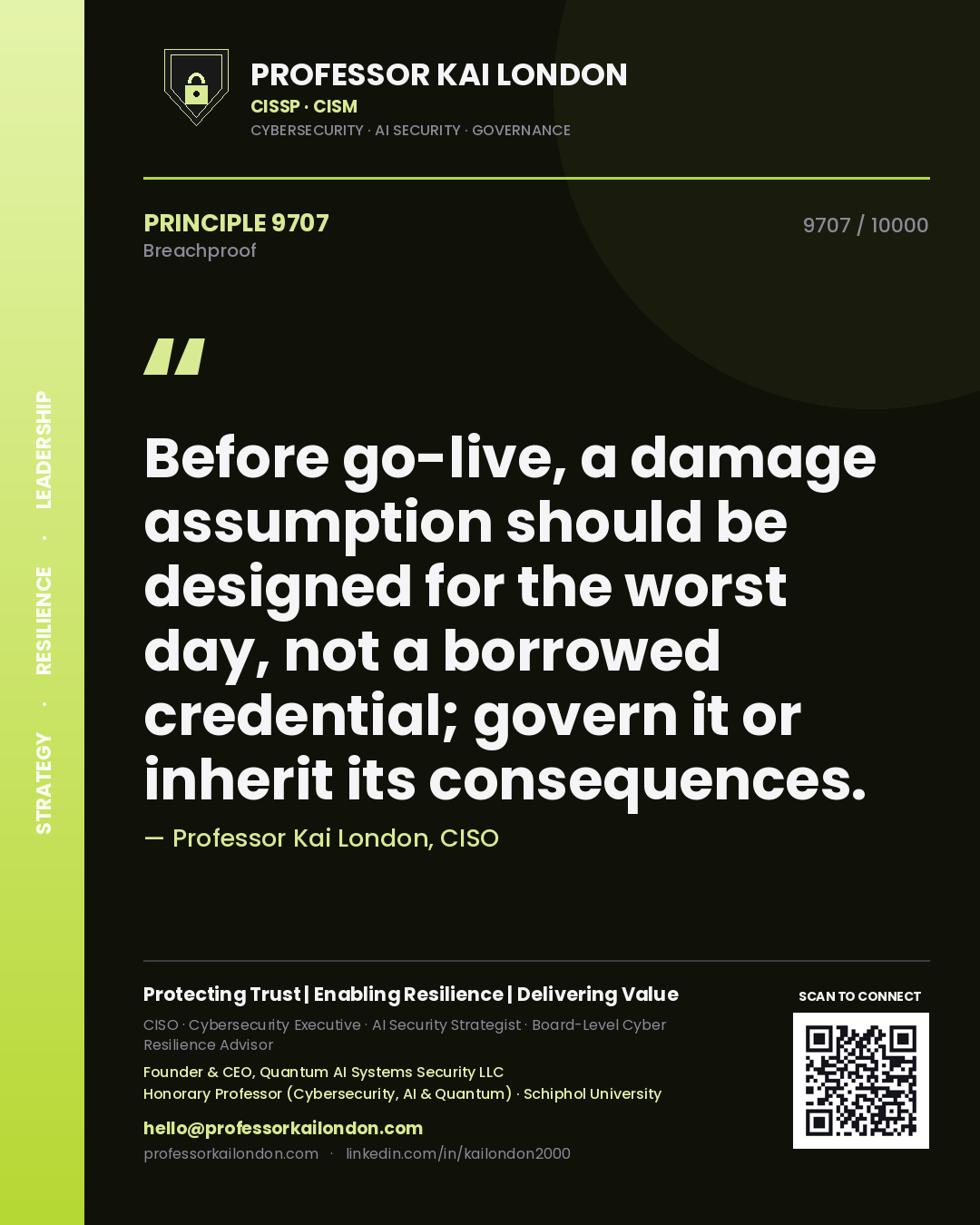 Quote card by Professor Kai London reading 'Before go-live, a damage assumption should be designed for the worst day, not a borrowed credential; govern it or inherit its consequences.'. From the book Breachproof.