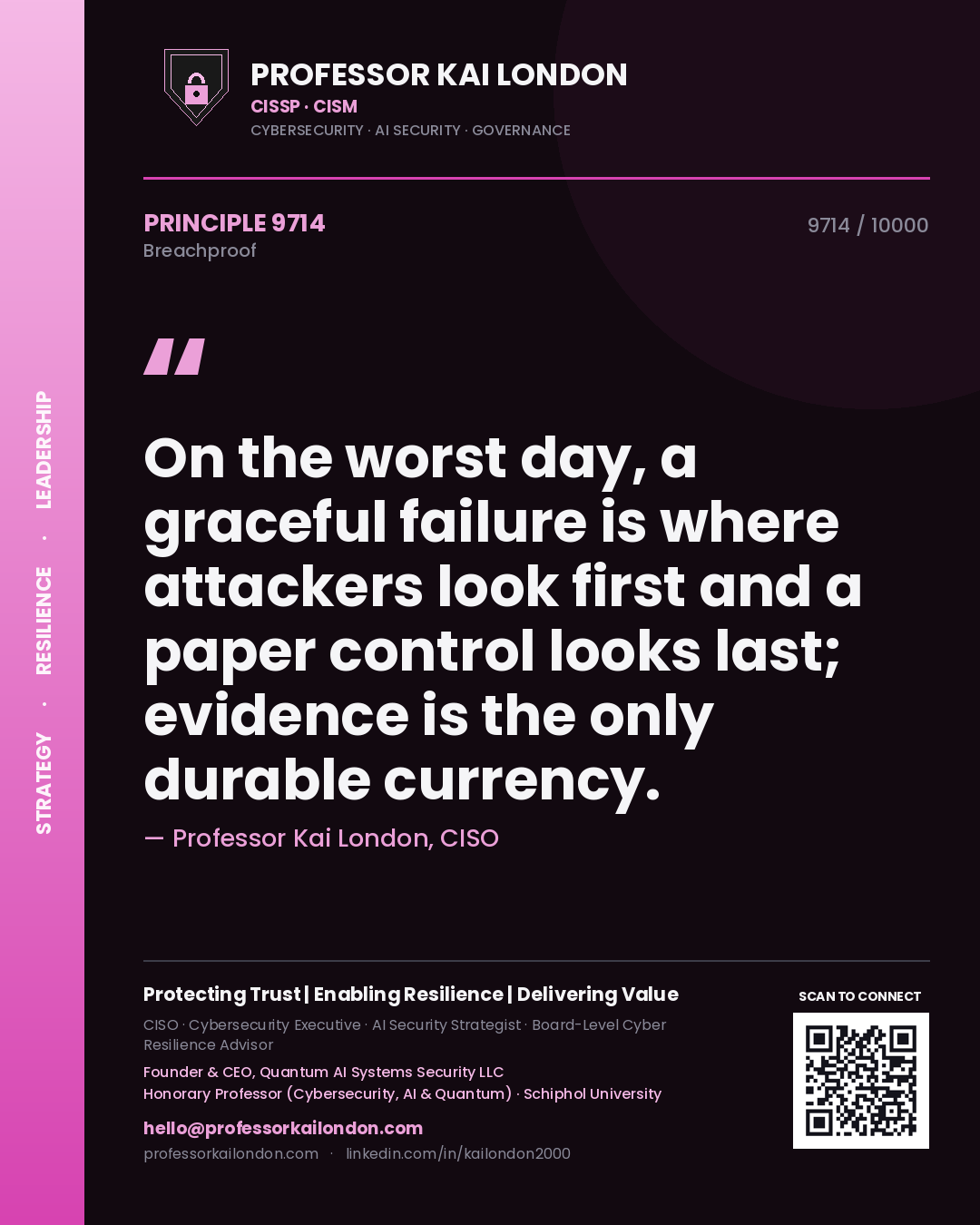 Quote card by Professor Kai London reading 'On the worst day, a graceful failure is where attackers look first and a paper control looks last; evidence is the only durable currency.'. From the book Breachproof.