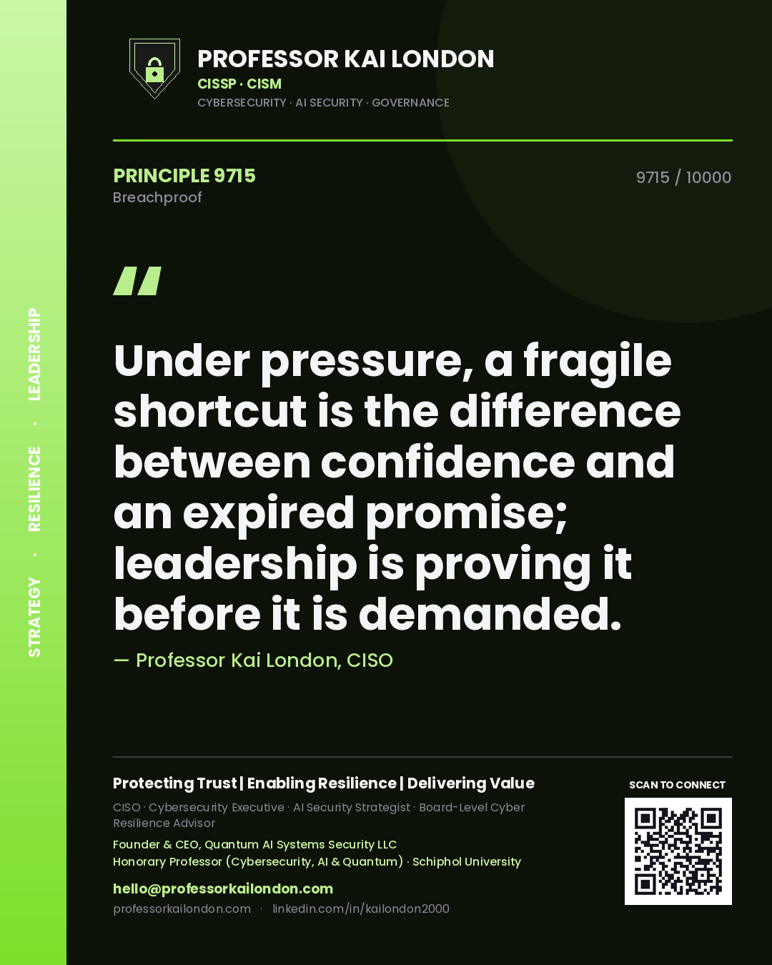 Professor Kai London principle 9715: Under pressure, a fragile shortcut is the difference between confidence and an expired promise; leadership is proving it before it is demanded.