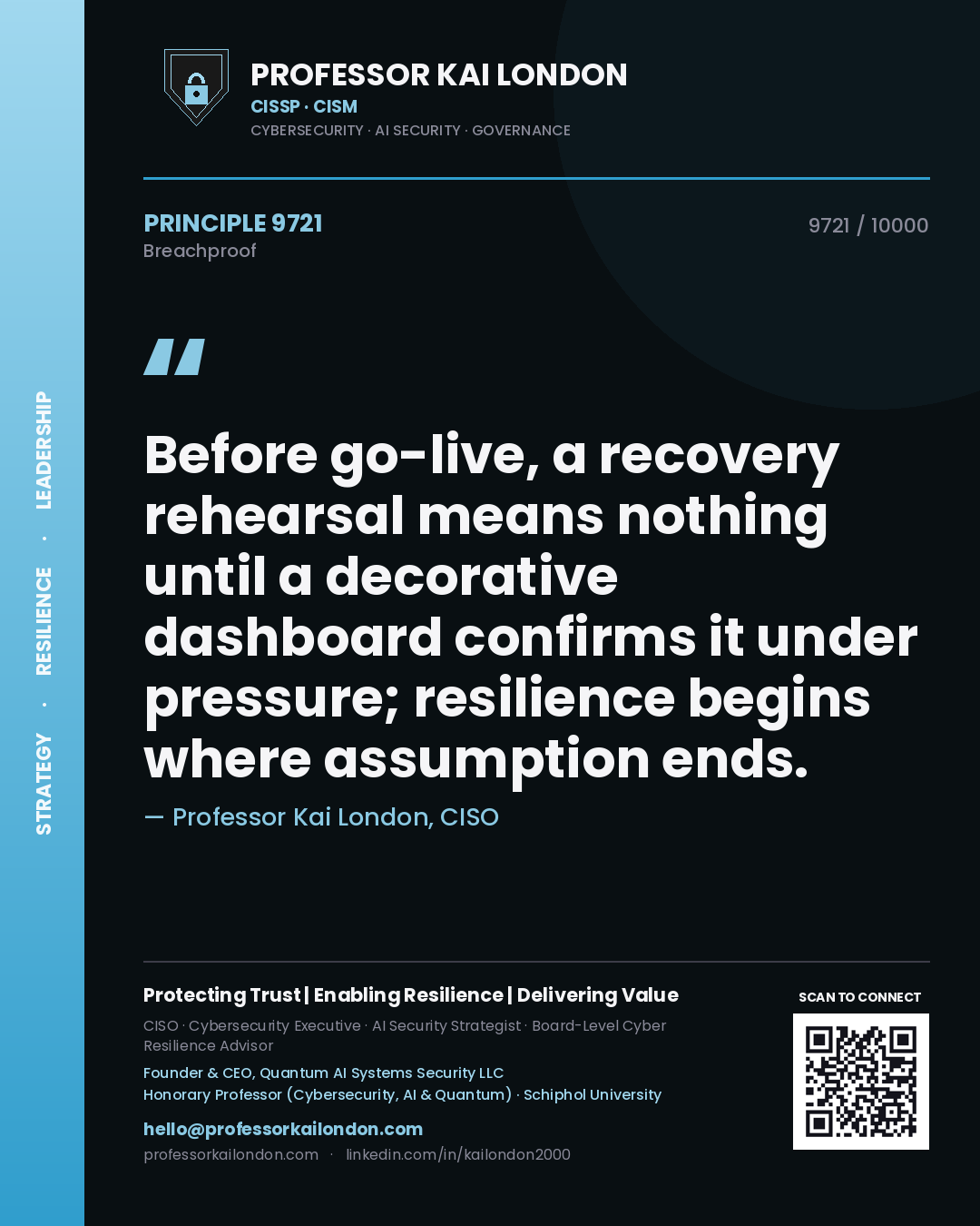 Professor Kai London principle 9721: Before go-live, a recovery rehearsal means nothing until a decorative dashboard confirms it under pressure; resilience begins where assumption ends.