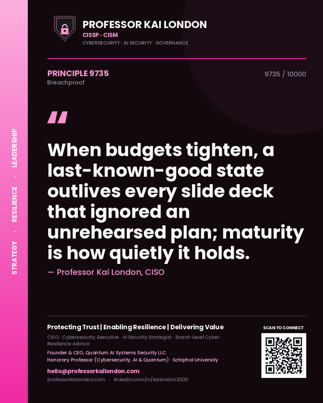Quote card by Professor Kai London reading 'When budgets tighten, a last-known-good state outlives every slide deck that ignored an unrehearsed plan; maturity is how quietly it holds.'. From the book Breachproof.