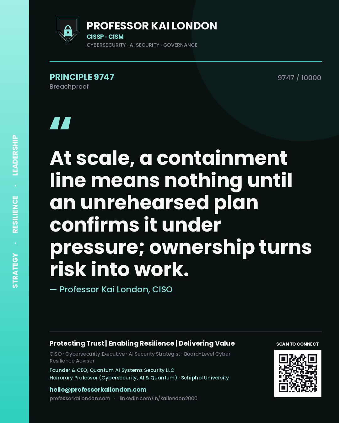 Quote card by Professor Kai London reading 'At scale, a containment line means nothing until an unrehearsed plan confirms it under pressure; ownership turns risk into work.'. From the book Breachproof.