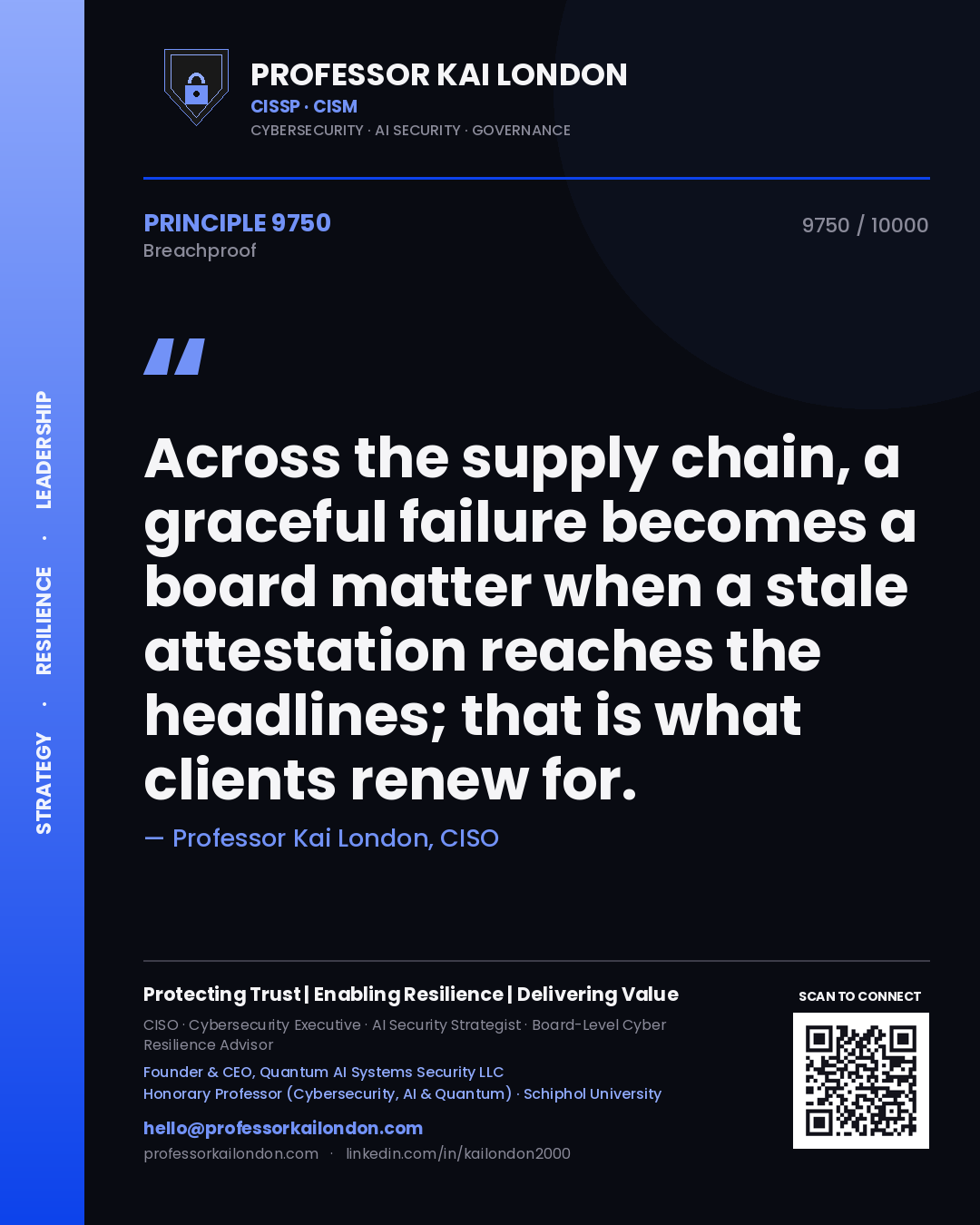 Quote card by Professor Kai London reading 'Across the supply chain, a graceful failure becomes a board matter when a stale attestation reaches the headlines; that is what clients renew for.'. From the book Breachproof.