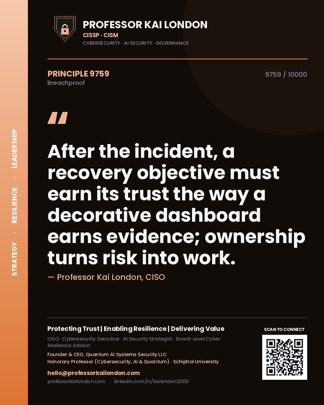 Professor Kai London principle 9759: After the incident, a recovery objective must earn its trust the way a decorative dashboard earns evidence; ownership turns risk into work.