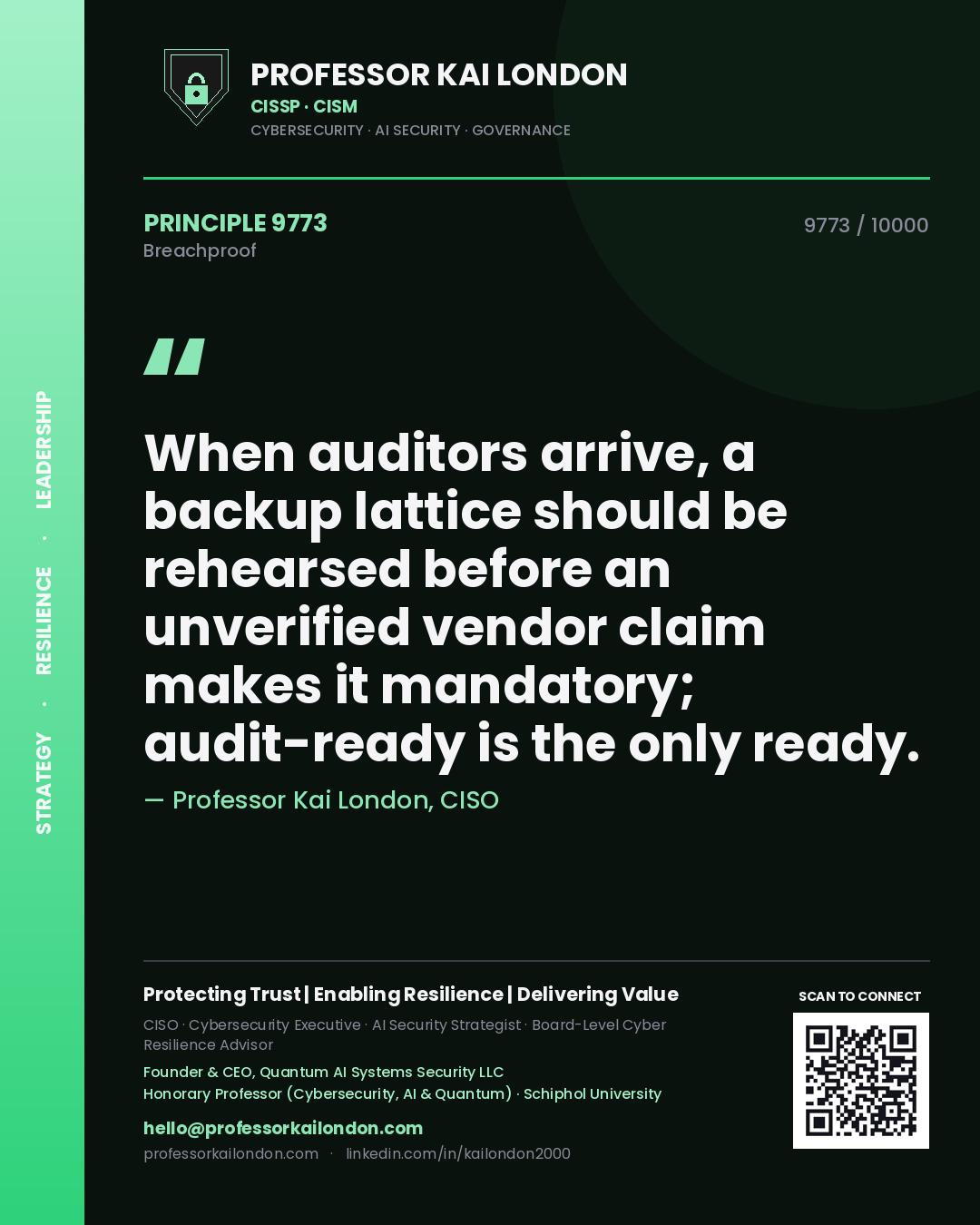 Professor Kai London principle 9773: When auditors arrive, a backup lattice should be rehearsed before an unverified vendor claim makes it mandatory; audit-ready is the only ready.