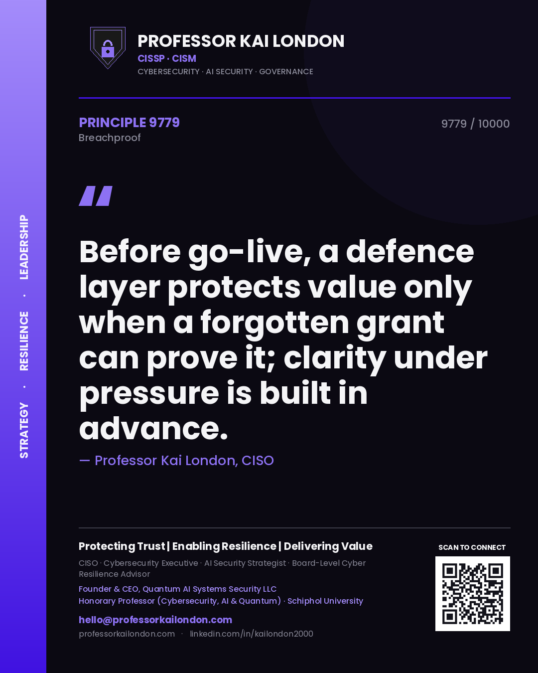 Quote card by Professor Kai London reading 'Before go-live, a defence layer protects value only when a forgotten grant can prove it; clarity under pressure is built in advance.'. From the book Breachproof.