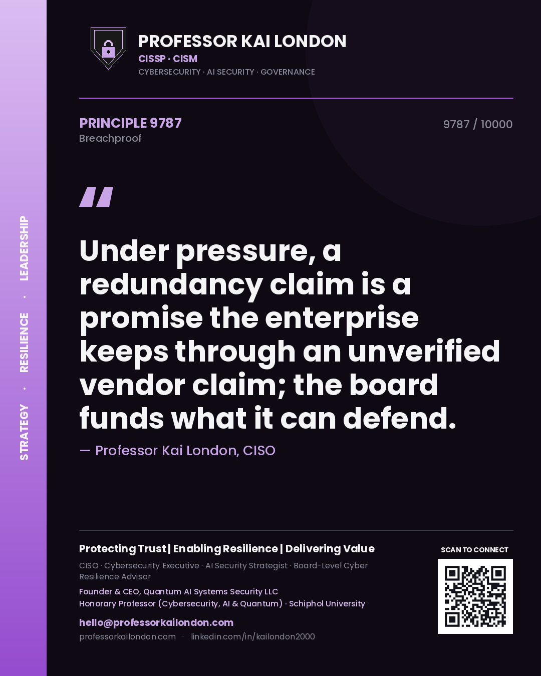 Professor Kai London principle 9787: Under pressure, a redundancy claim is a promise the enterprise keeps through an unverified vendor claim; the board funds what it can defend.
