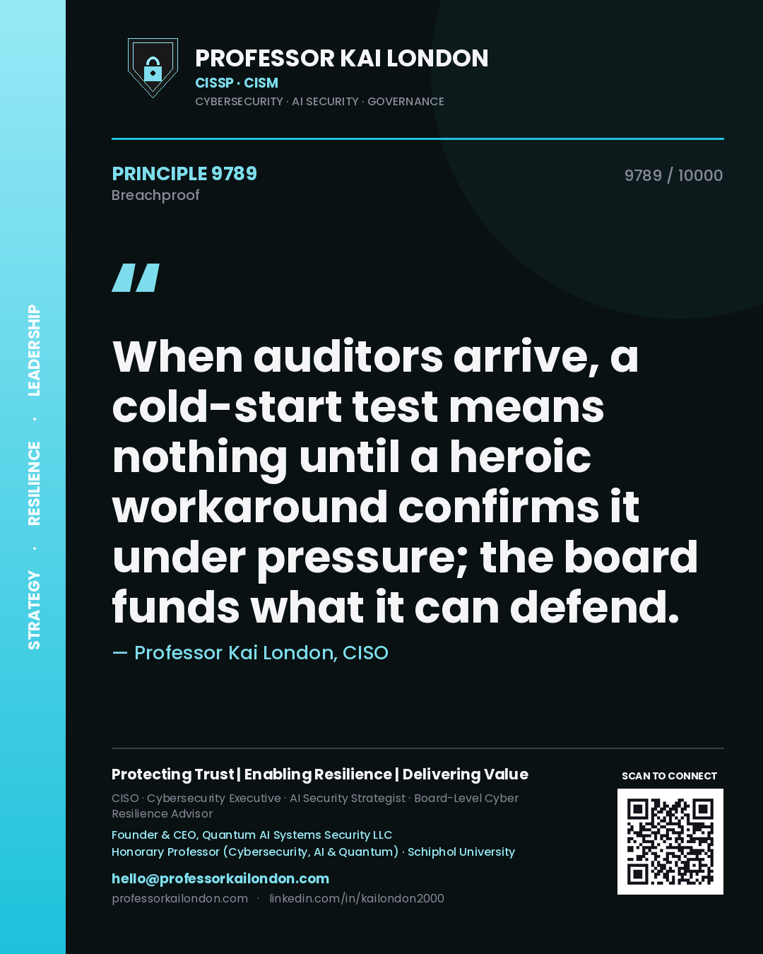 Quote card by Professor Kai London reading 'When auditors arrive, a cold-start test means nothing until a heroic workaround confirms it under pressure; the board funds what it can defend.'. From the book Breachproof.