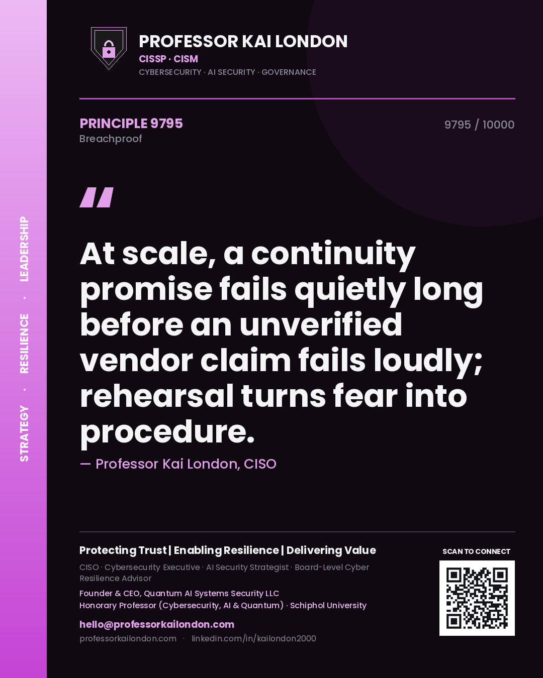 Professor Kai London principle 9795: At scale, a continuity promise fails quietly long before an unverified vendor claim fails loudly; rehearsal turns fear into procedure.