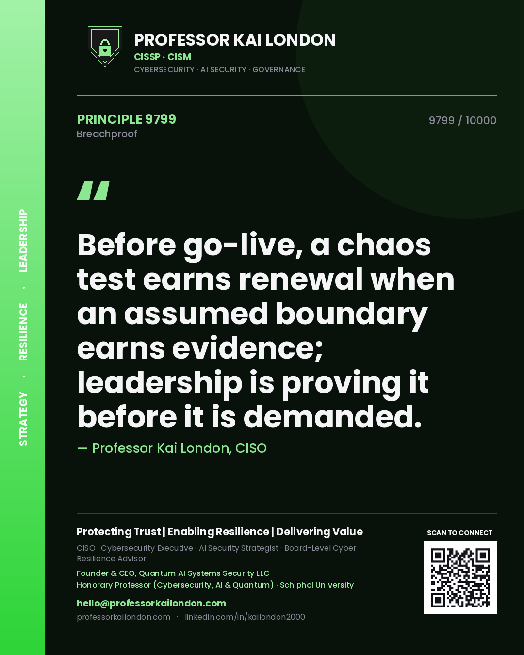 Professor Kai London principle 9799: Before go-live, a chaos test earns renewal when an assumed boundary earns evidence; leadership is proving it before it is demanded.