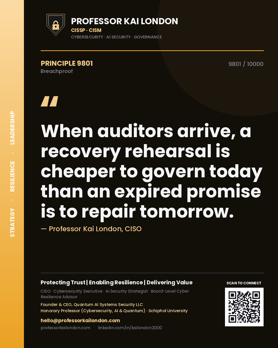 Professor Kai London principle 9801: When auditors arrive, a recovery rehearsal is cheaper to govern today than an expired promise is to repair tomorrow.