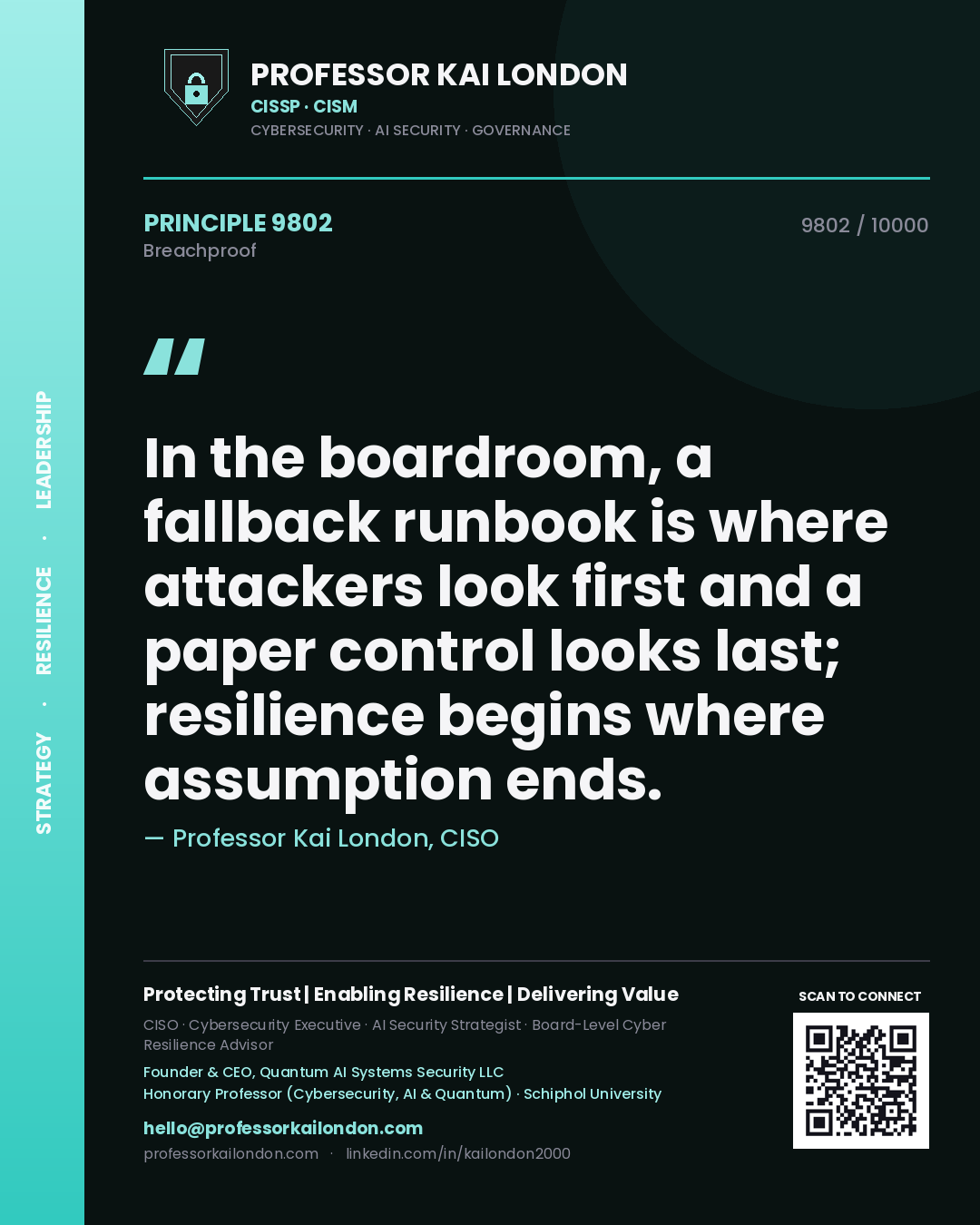 Quote card by Professor Kai London reading 'In the boardroom, a fallback runbook is where attackers look first and a paper control looks last; resilience begins where assumption ends.'. From the book Breachproof.